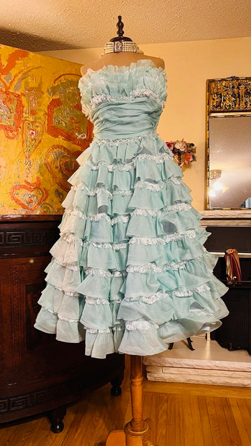 1940s Teal Vintage A Line Strapless Layered Organza Gown Homecoming Dress HZ1023